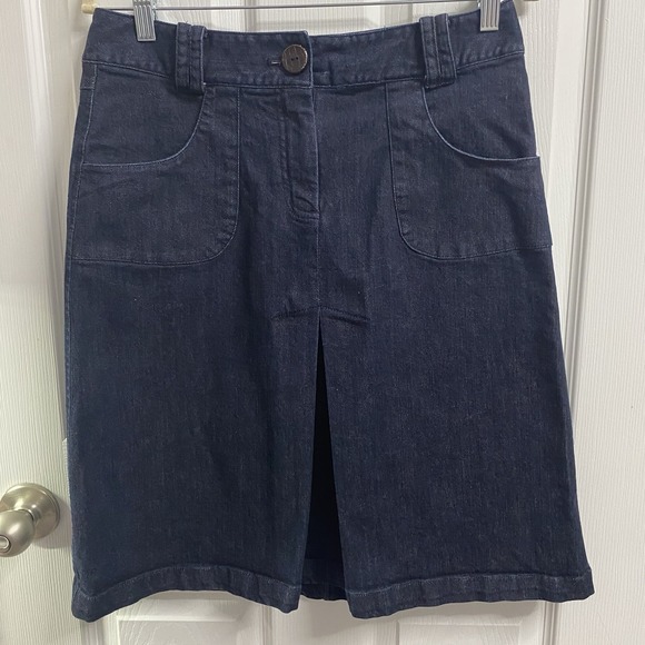 Talbots Dresses & Skirts - Talbots Size 8 Dark Blue Denim‎ Jean Skirt Stretch Knee Length Front Pleat-cute!
